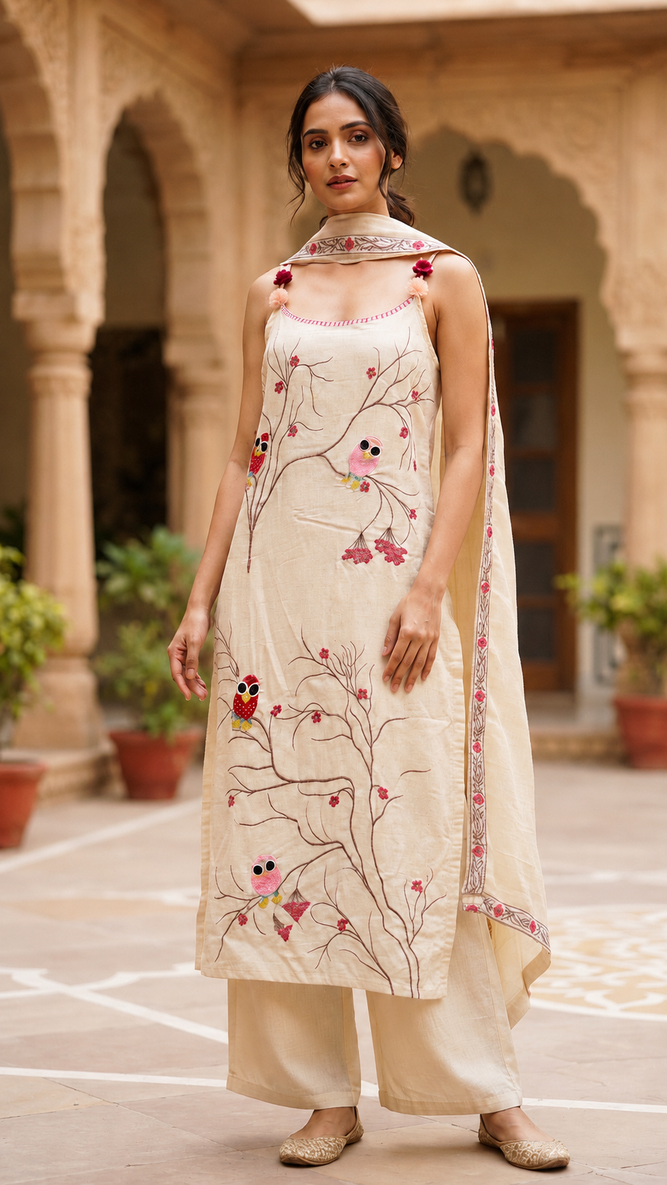 Ivory Bird N Floral Embroidered Set