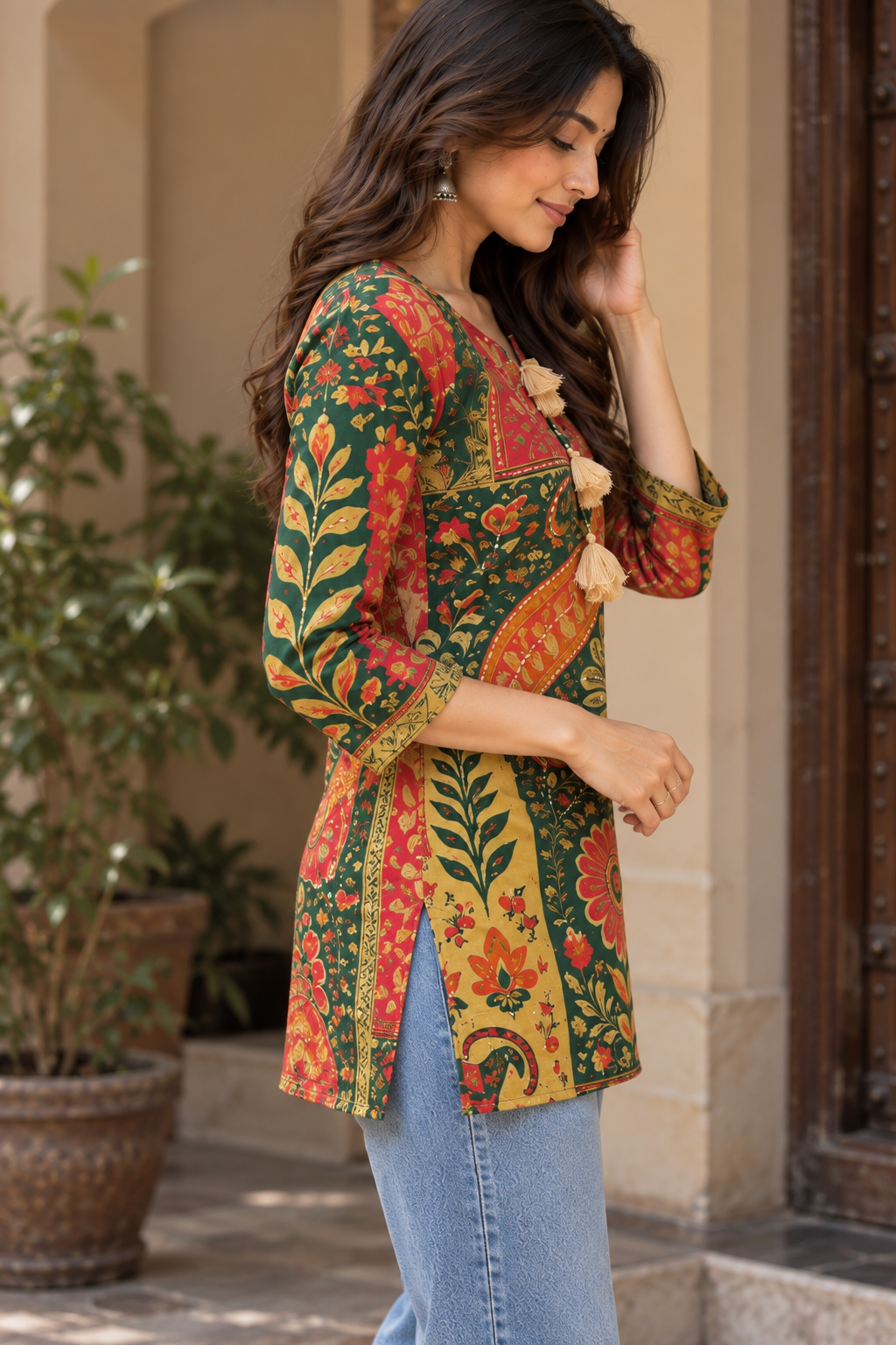 Embroidered Floral Printed Short Kurti