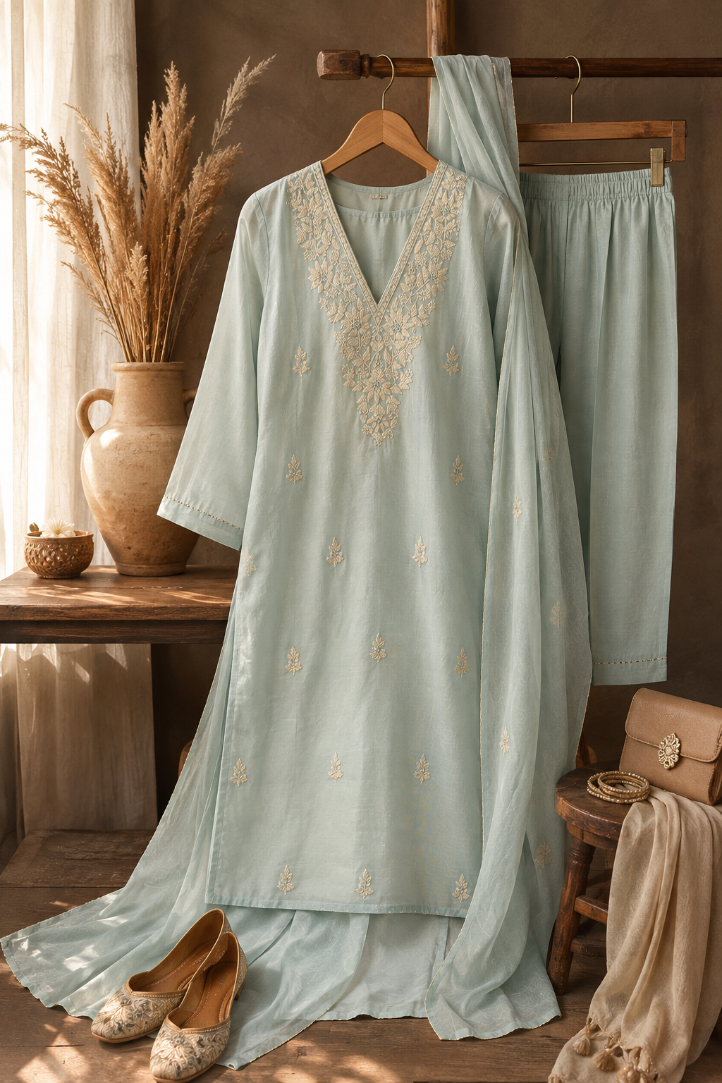 Sage Green Lucknowi Chikankari Set