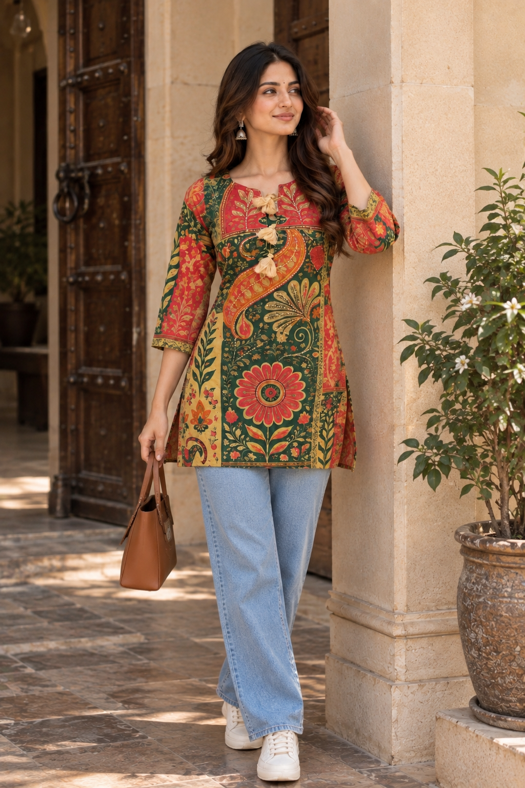 Embroidered Floral Printed Short Kurti