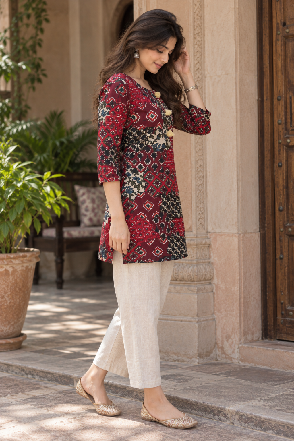 Ajrakh Print Embroidered Short kurti