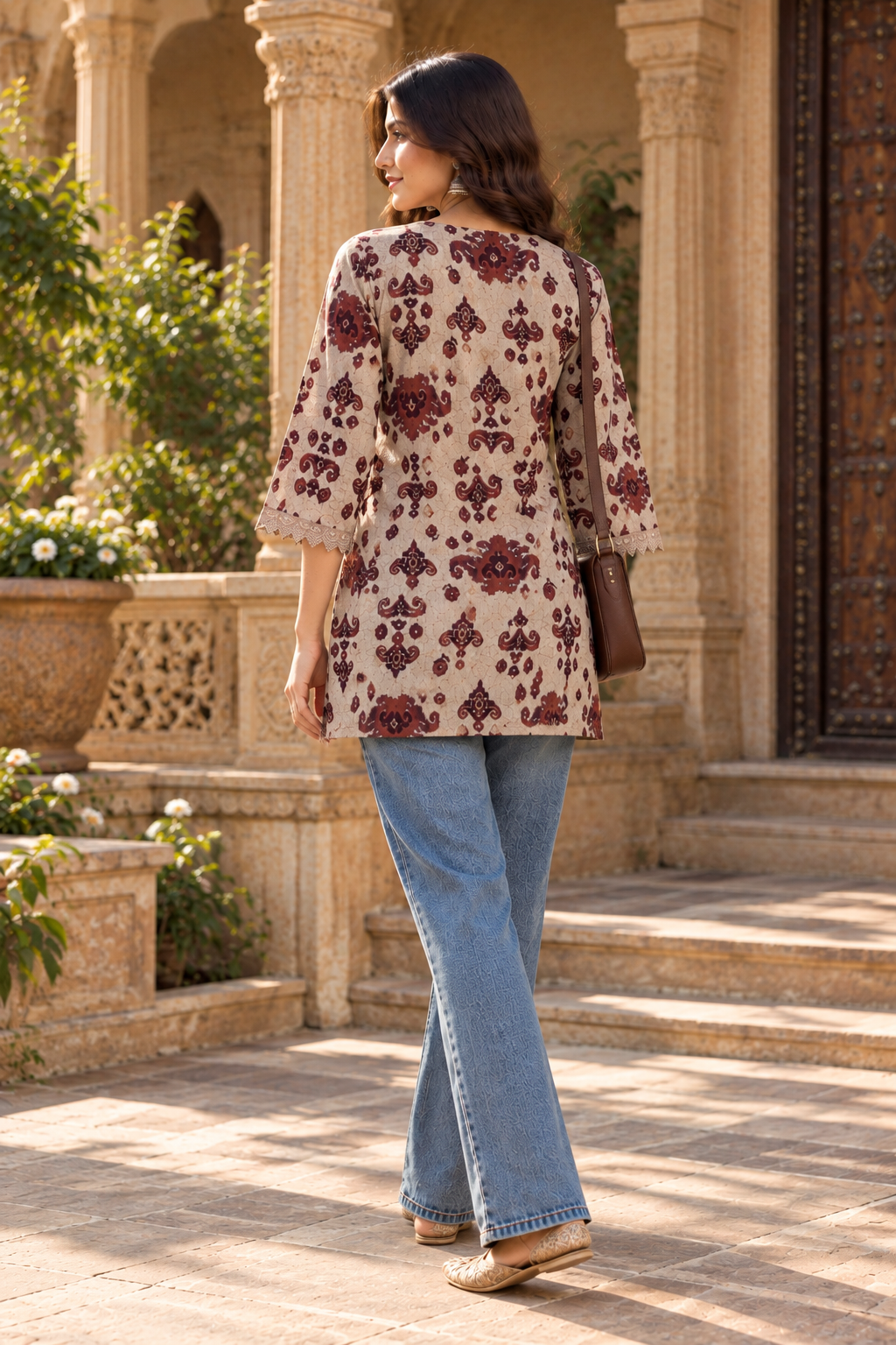 Maroon Printed Cotton Short Kurti