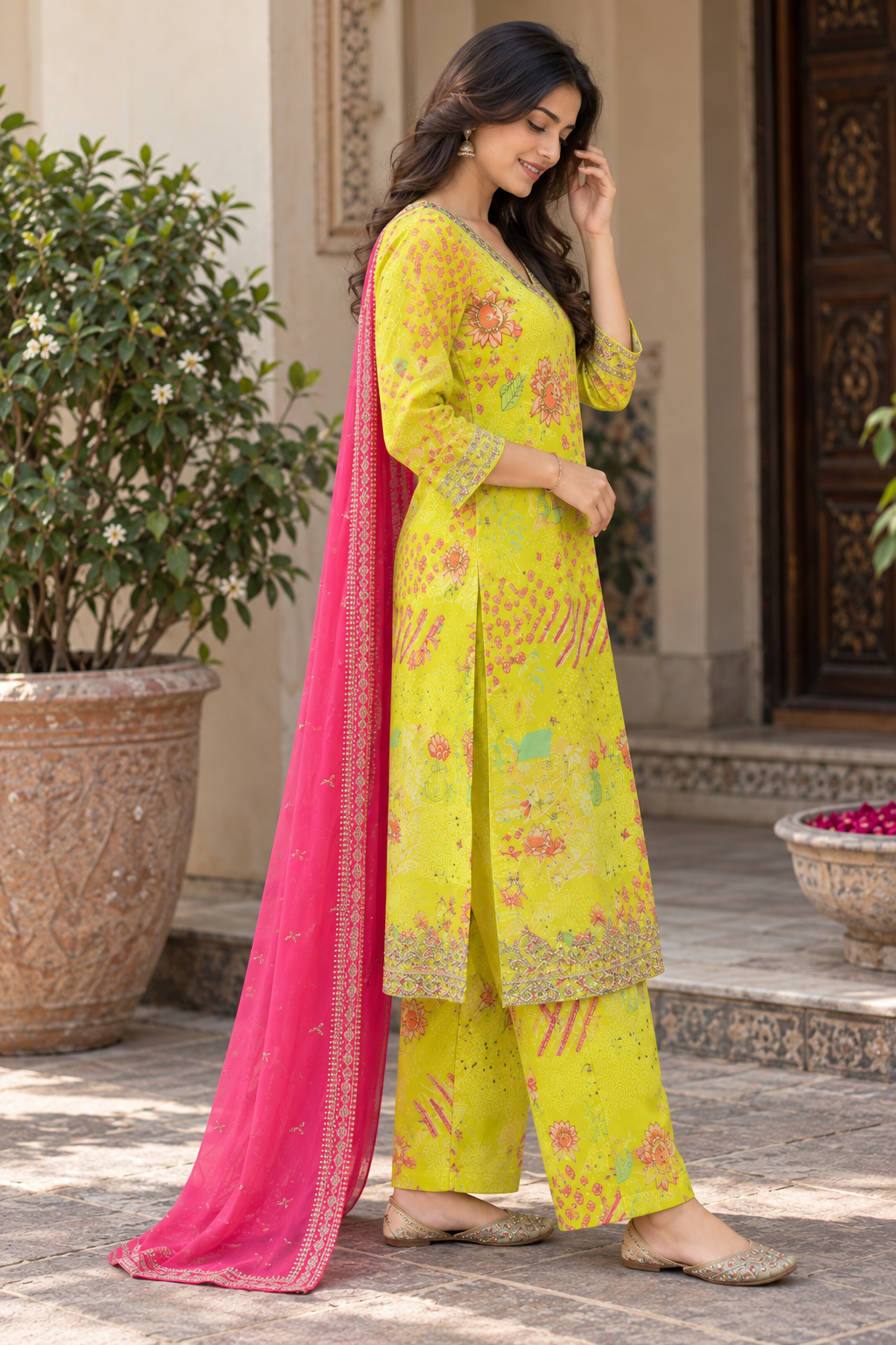 Lime Green Embroidered Kurti Set