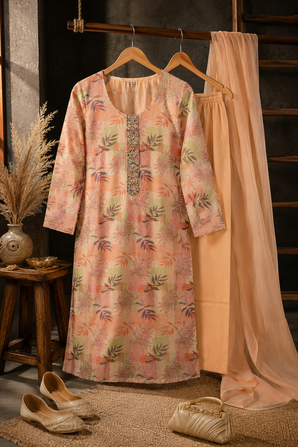 Peach Floral Straight Kurta Set