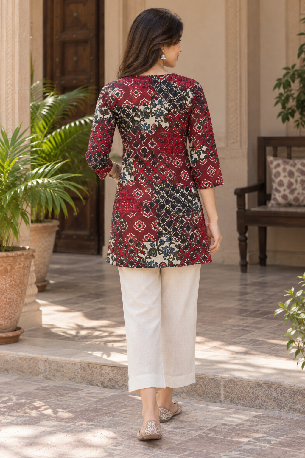 Ajrakh Print Embroidered Short kurti