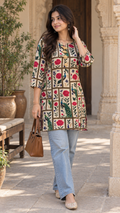 Floral & Peacock Printed Short Kurti