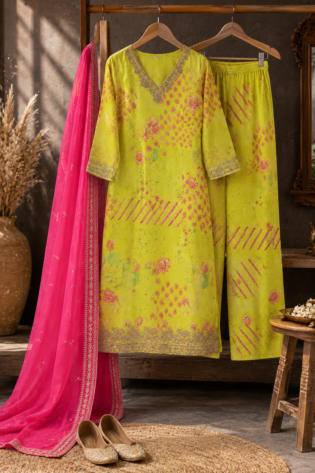 Lime Green Embroidered Kurti Set