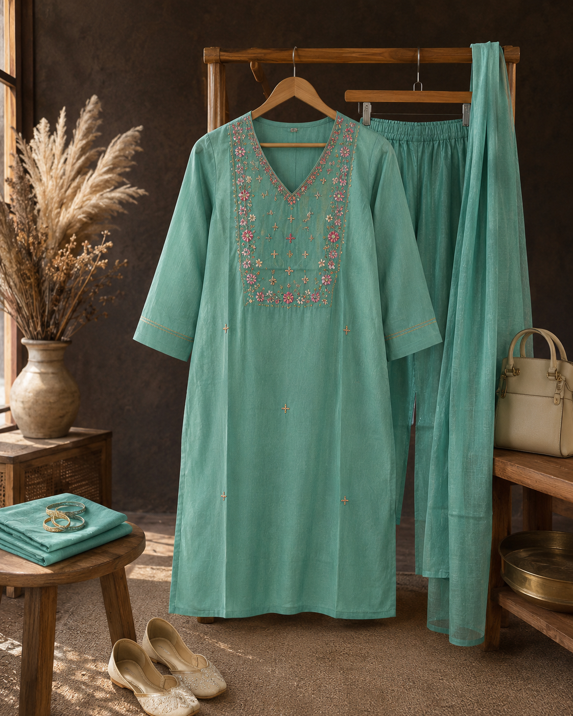 Aqua Green Embroidered Set