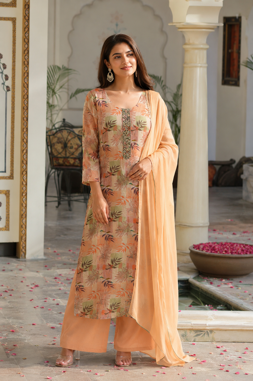 Peach Floral Straight Kurta Set