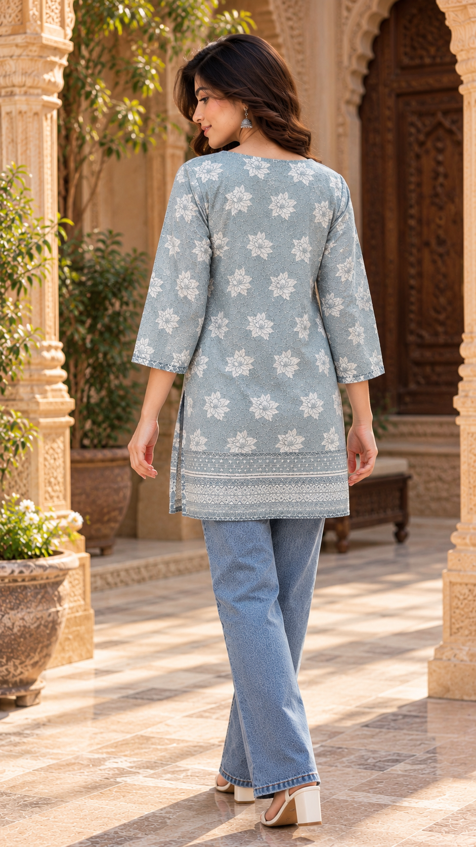 Chikankari Pastel Blue Short Kurti