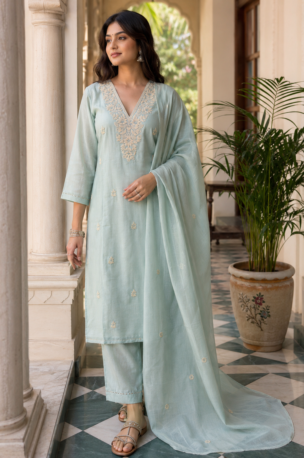 Sage Green Lucknowi Chikankari Set