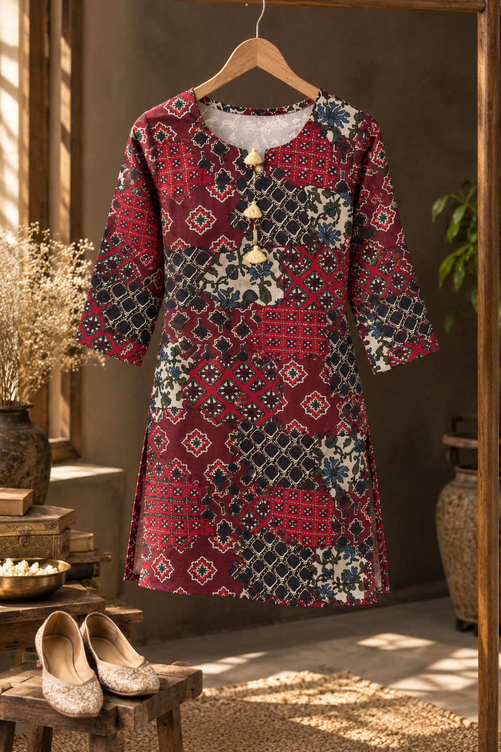 Ajrakh Print Embroidered Short kurti