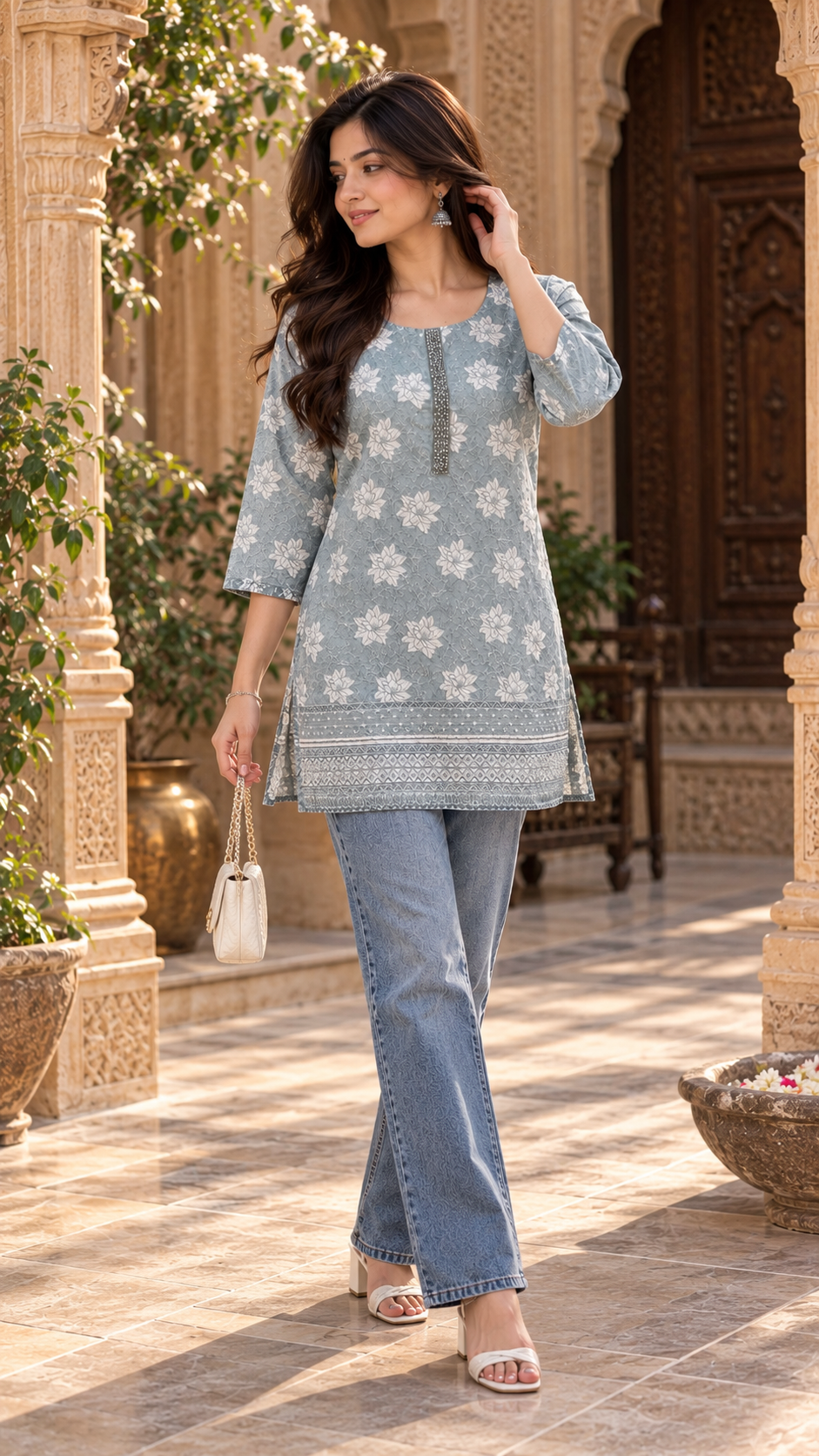 Chikankari Pastel Blue Short Kurti