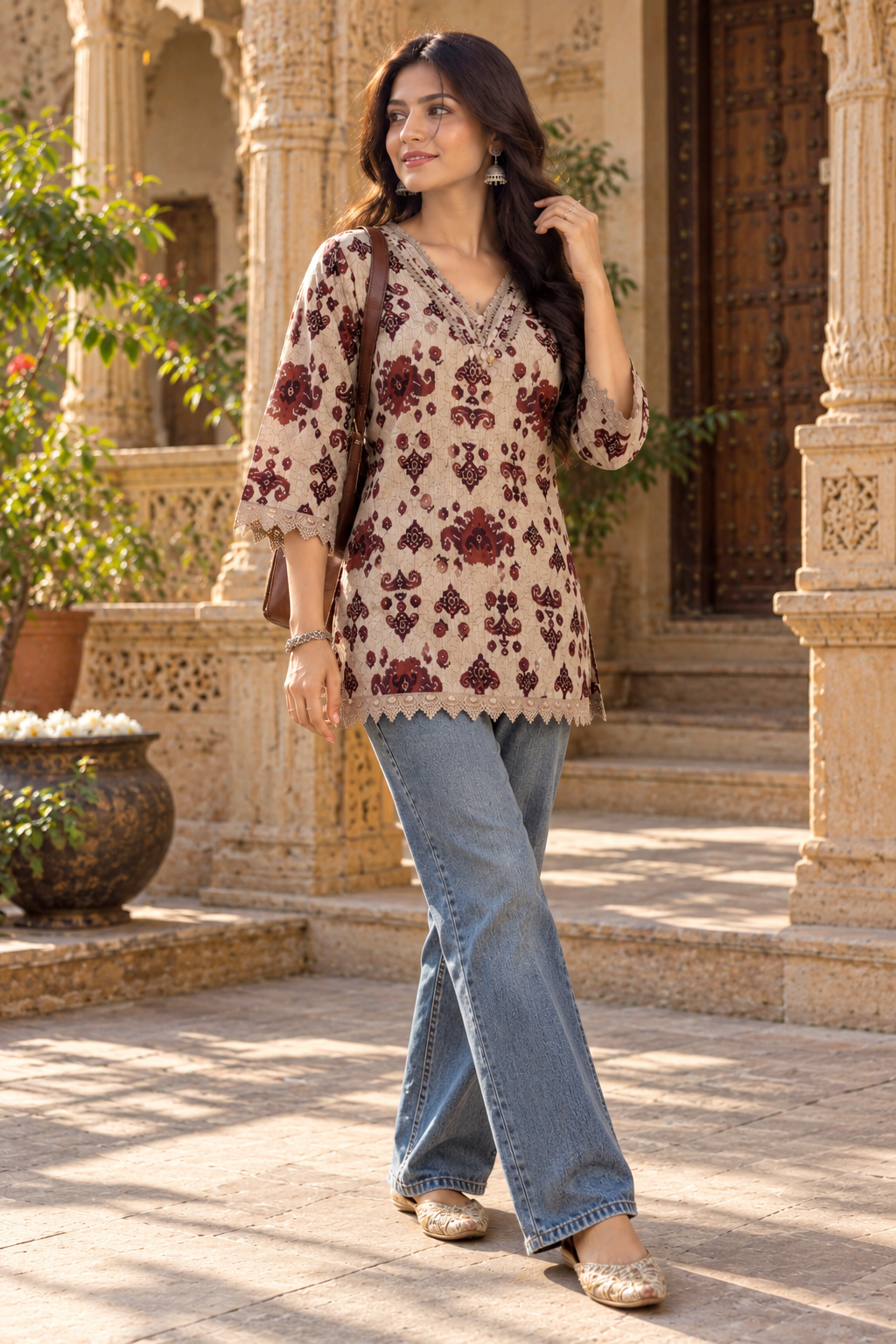 Maroon Printed Cotton Short Kurti