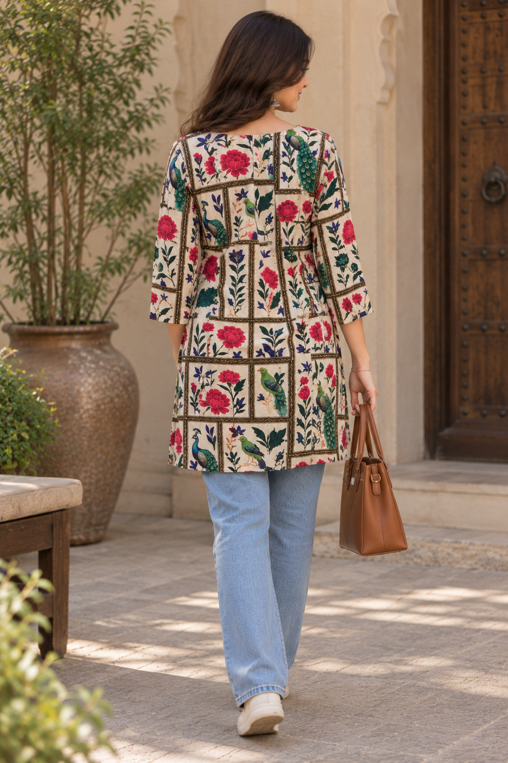 Floral & Peacock Printed Short Kurti