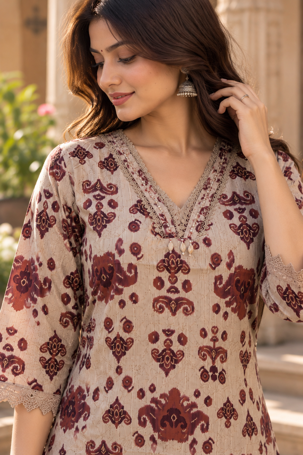 Maroon Printed Cotton Short Kurti