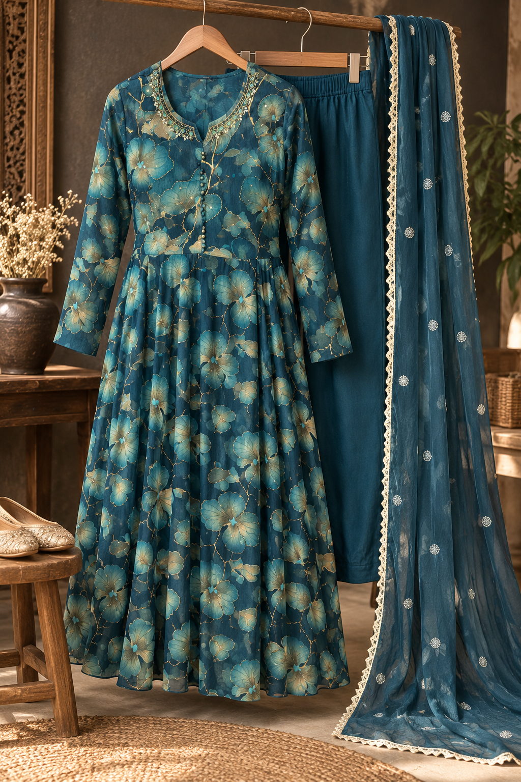 Teal Blue Anarkali Kurta Set