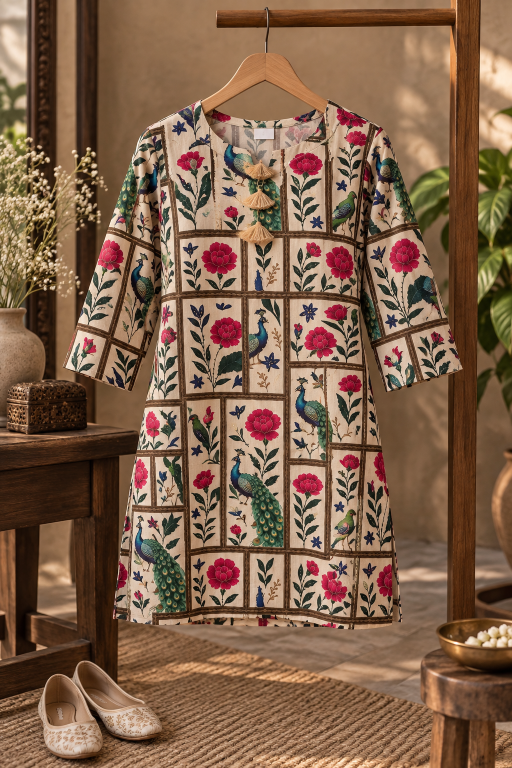 Floral & Peacock Printed Short Kurti