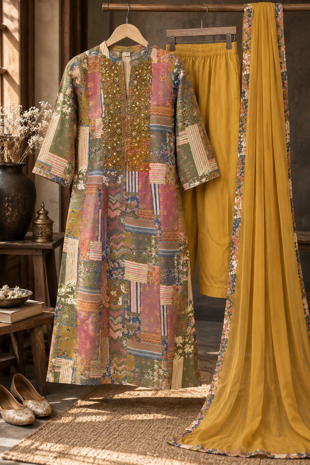 Embroidered & Printed Round Kurta Set