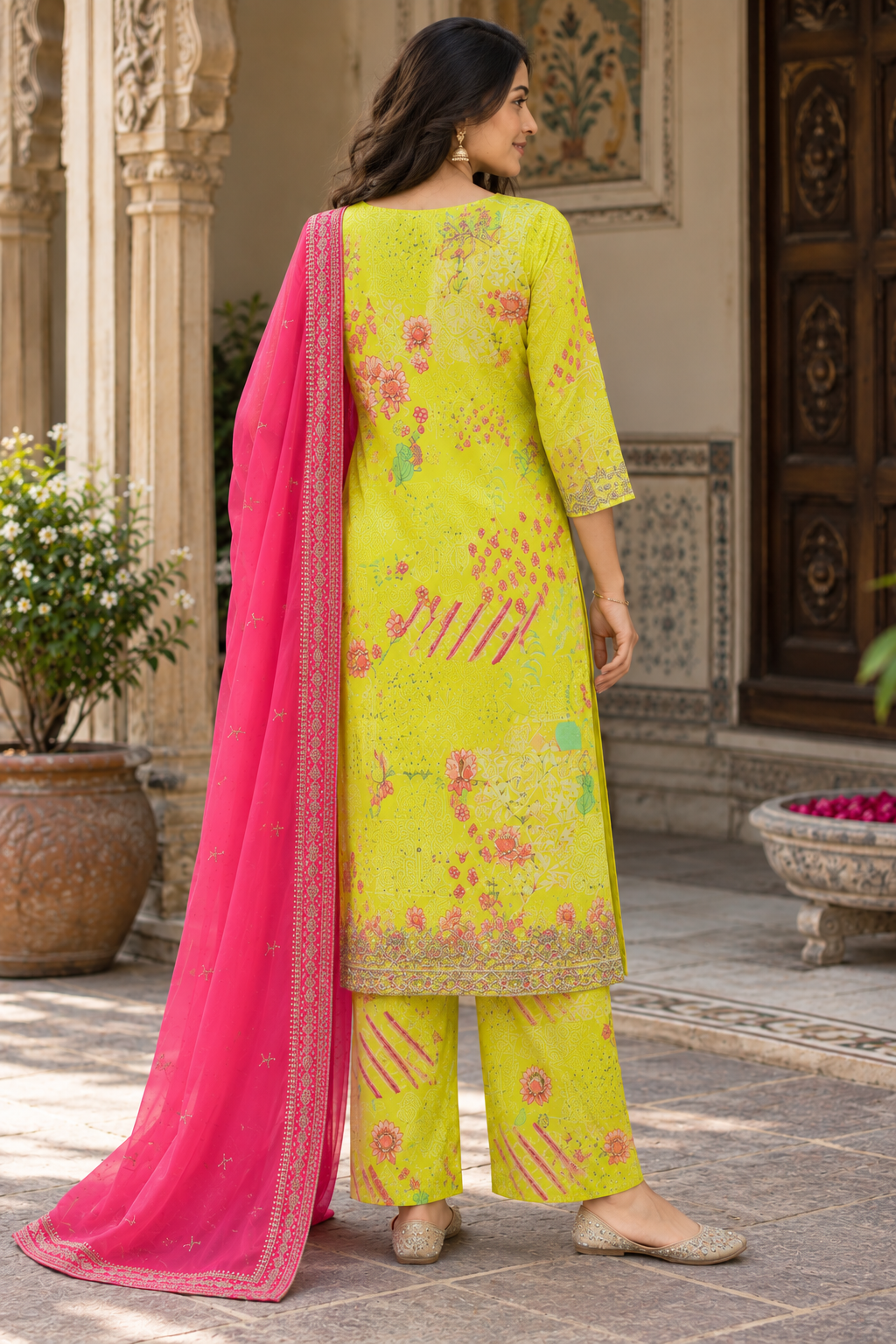 Lime Green Embroidered Kurti Set