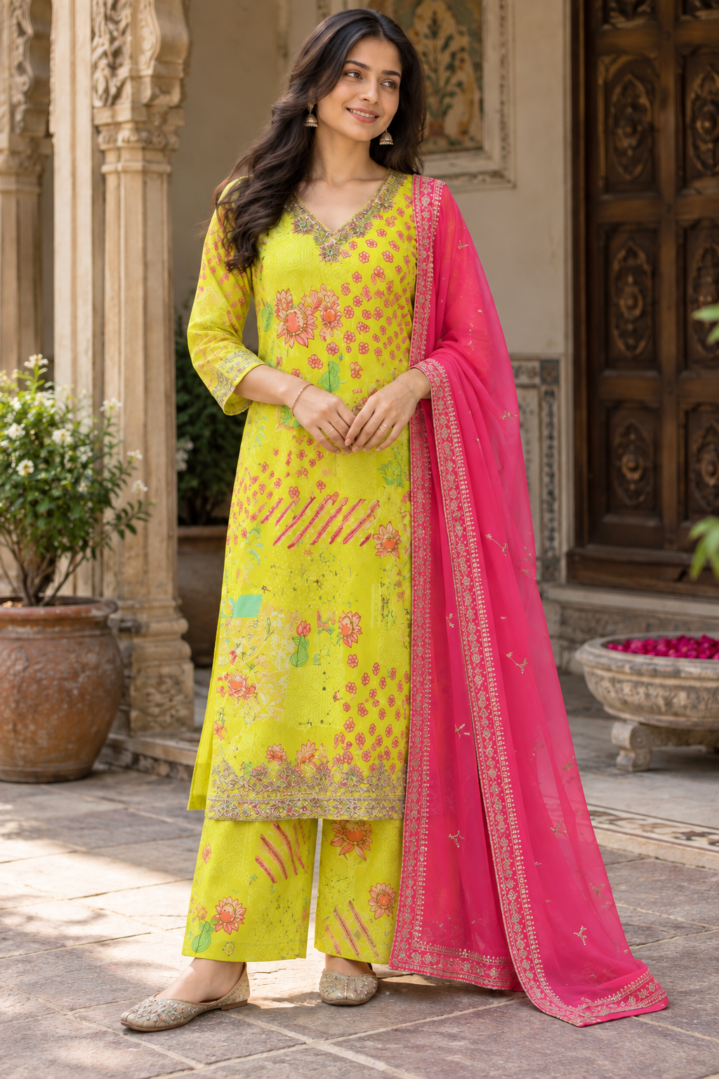 Lime Green Embroidered Kurti Set