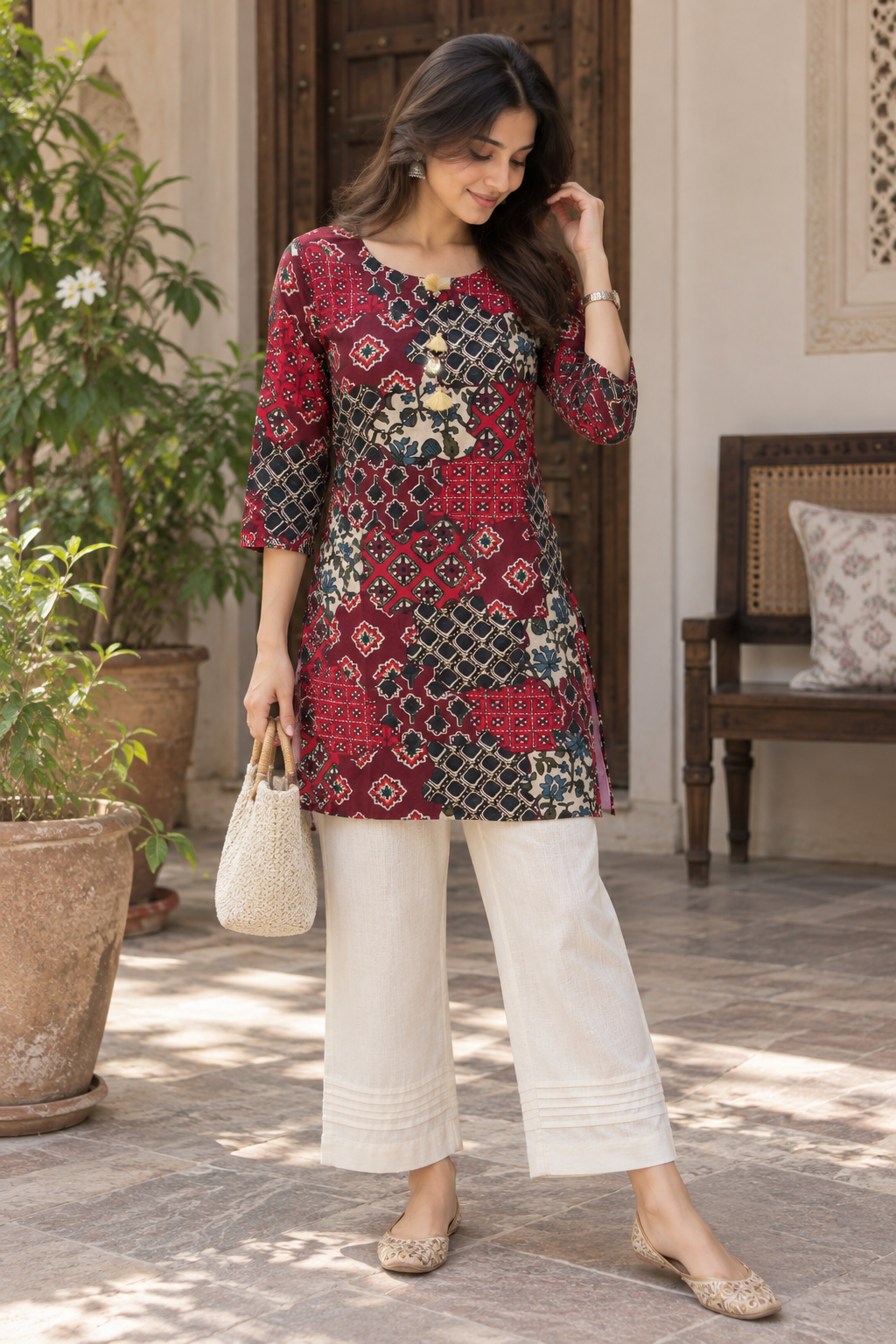 Ajrakh Print Embroidered Short kurti