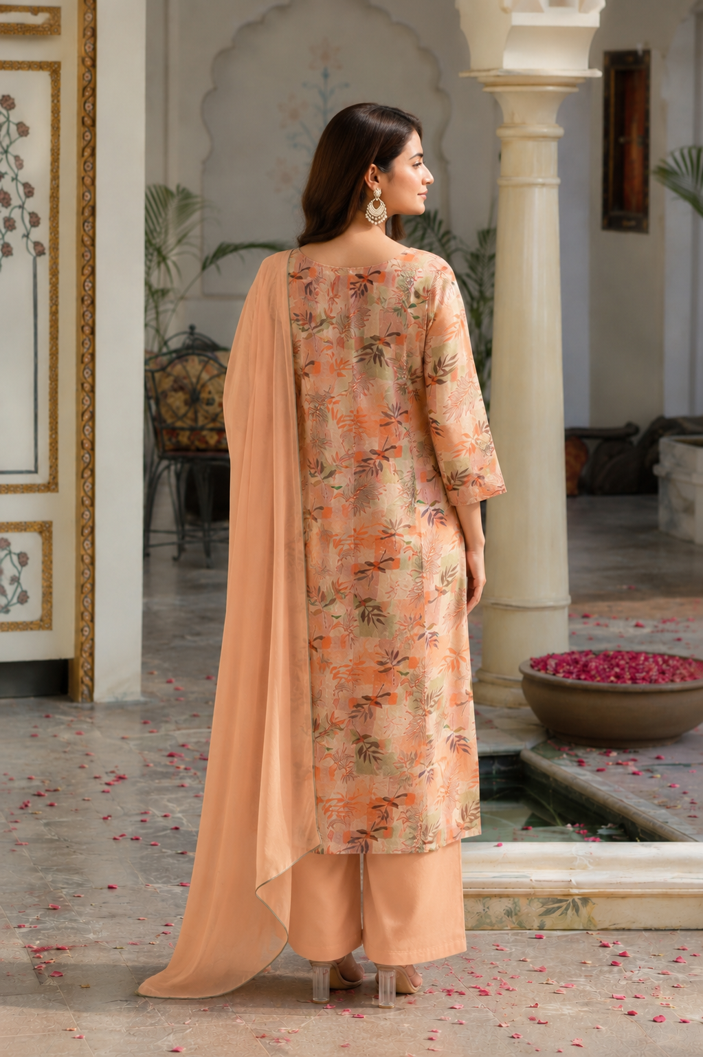 Peach Floral Straight Kurta Set