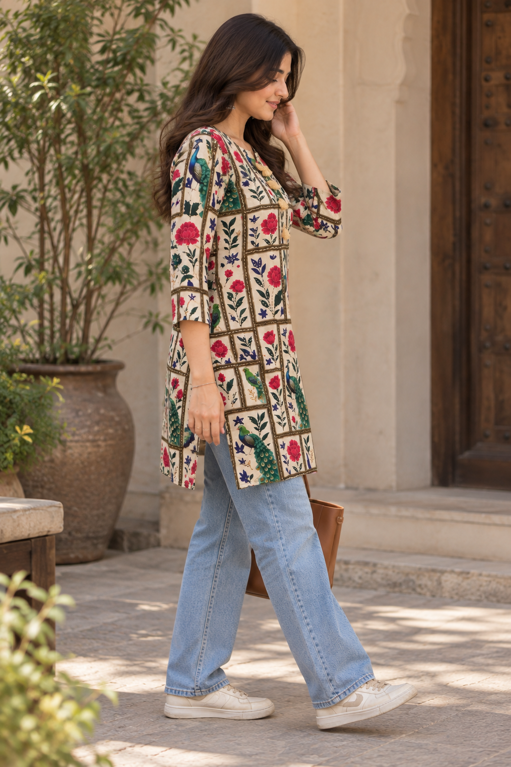 Floral & Peacock Printed Short Kurti