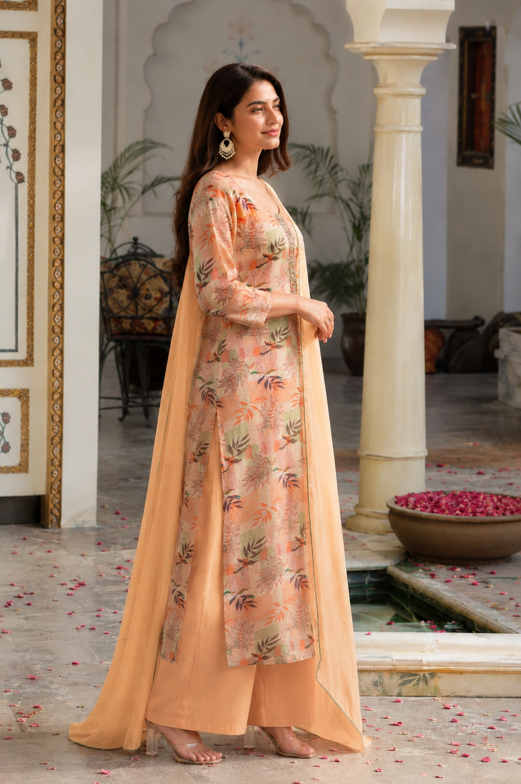 Peach Floral Straight Kurta Set