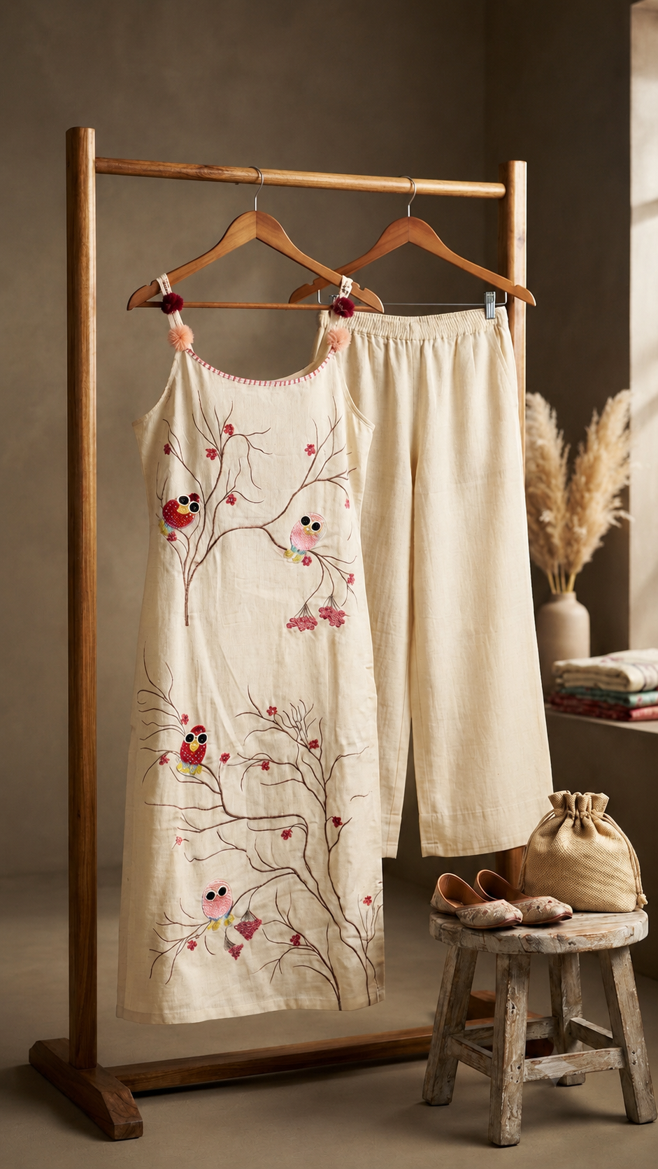 Ivory Bird N Floral Embroidered Set